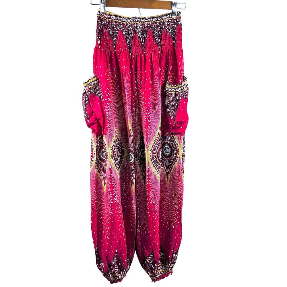 SOLD SOLD SOLD Harem Boho Yoga Hippie Lounge Peacock Print Smocked Baggy Pants - Picture 2 of 7